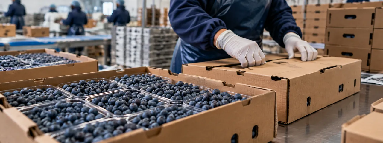 Worker packing blueberries into export cartons