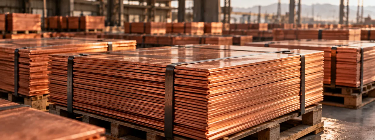 Stacks of copper sheets in an industrial warehouse