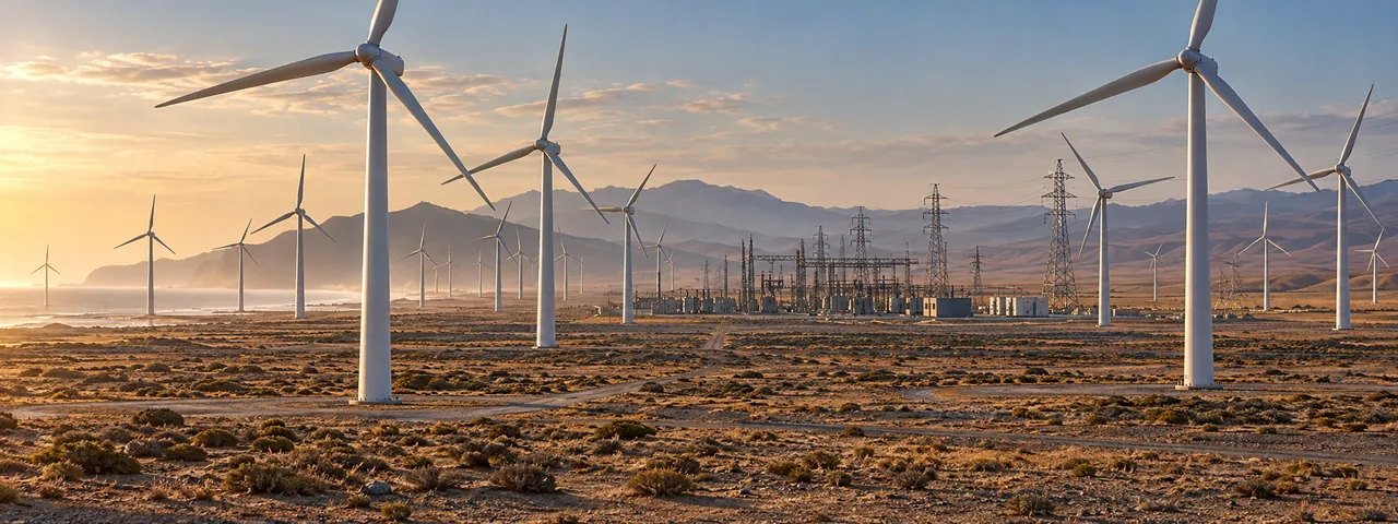 Wind turbines at a coastal desert wind farm, with electrical infrastructure in the distance