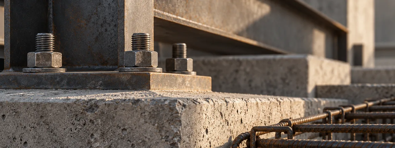 Unión de perfiles de acero, pernos y estructura de concreto