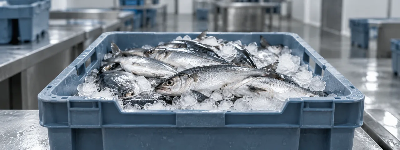 Pescados frescos sobre hielo en una caja plástica
